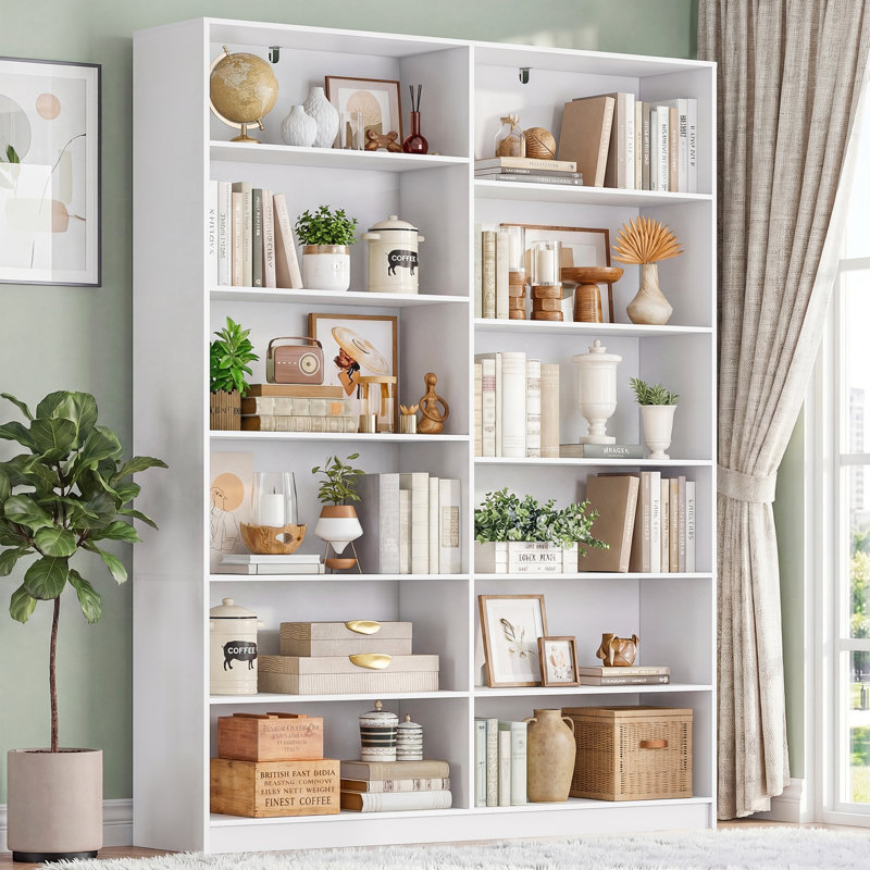 70.8" H 6 Tier Double Wide Freestanding Bookshelf White Bookcase with Open Display Storage for Bedroom Living Room Home, 1