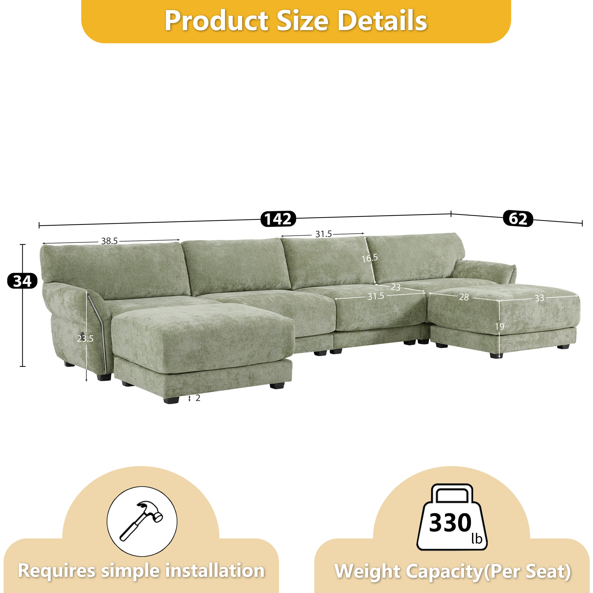 Ebern Designs U-Shaped Modular Sectional Sofa 6-Seat Chenille Couch ...