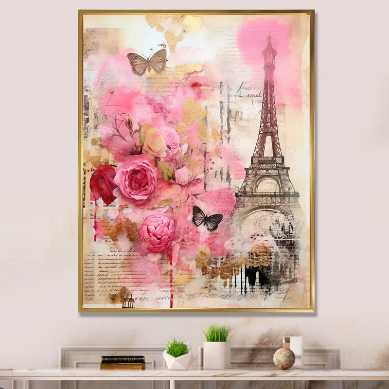 «Pink Blossoming Spring In Paris», collage rétro sur toile, H 40 po x l 30 po, Encadrement doré