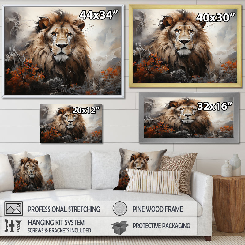 Élémentaire harmonie du lion - impression, H 24 po x l 32 po x P 1 po, Cadre doré simple