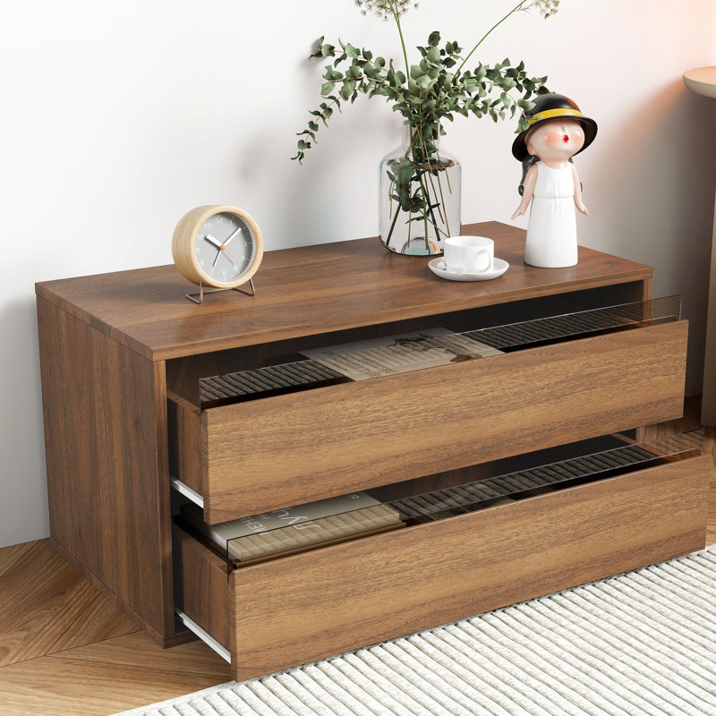 Solution de présentation et d'organisation pour la maison - Empilable, armoire à 2 tiroirs, 28,92 x 14,14 x 14,59 pouces, couleur noyer, panneau de particules et étagère de rangement avec tiroirs