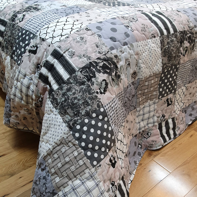 PATCHWORK BEDSPREAD T/O SET Eira 132 TC, Double - 2 Standard Shams, Grey/Black/White