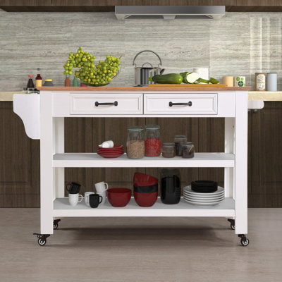 57 Inch Rolling Kitchen Island With Storage,Kitchen Cart With Solid OAK Wood Top,Two-Sided Kitchen Island Cart On Wheels , Wine And Spice Rack, Large -  Latitude RunÂ®, D59250FCA0174295ADB592A9A0EB8728