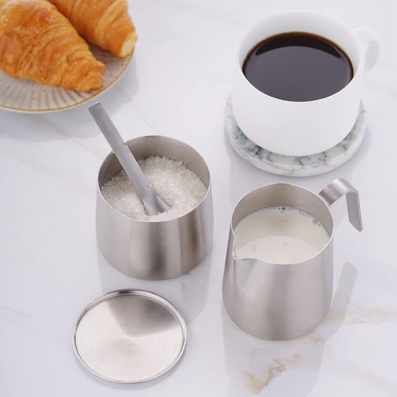 Stainless Steel Sugar Bowl And Creamer Set, With Spoon And Anti-Drip Spout, Stackable Design, Brushed Silver
