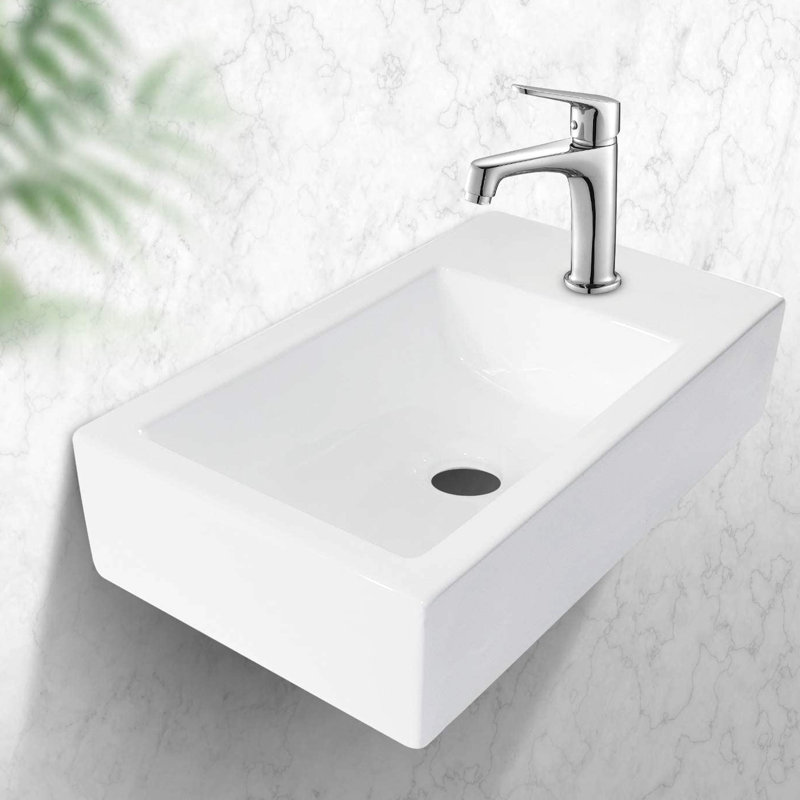 Lavabo de salle de bain en céramique 18 x 10 pouces - fixation murale, blanc, teinté, charmant design fonctionnel