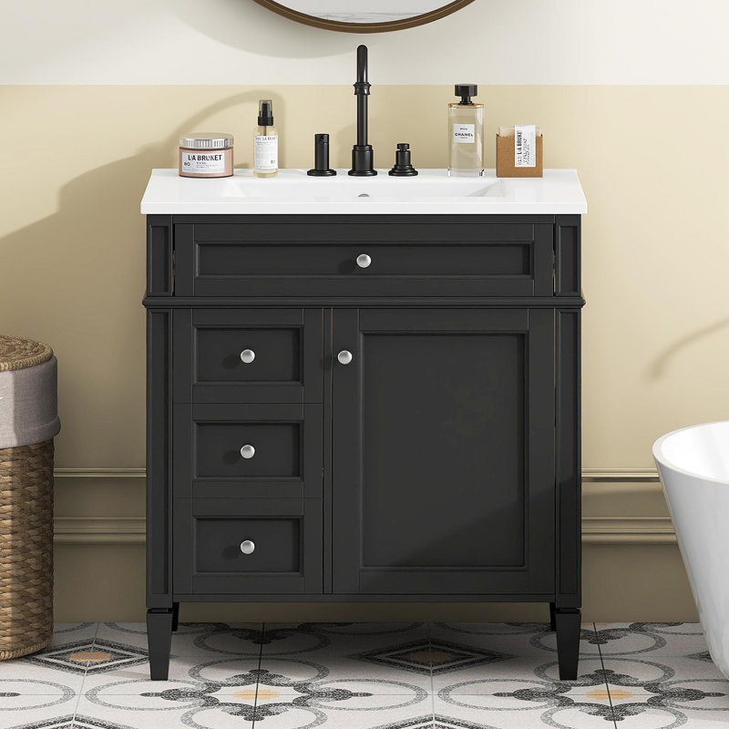 Meuble-lavabo de 30 po avec lavabo supérieur, meuble-lavabo moderne avec 2 tiroirs et tiroir escamotable, meuble-lavabo simple