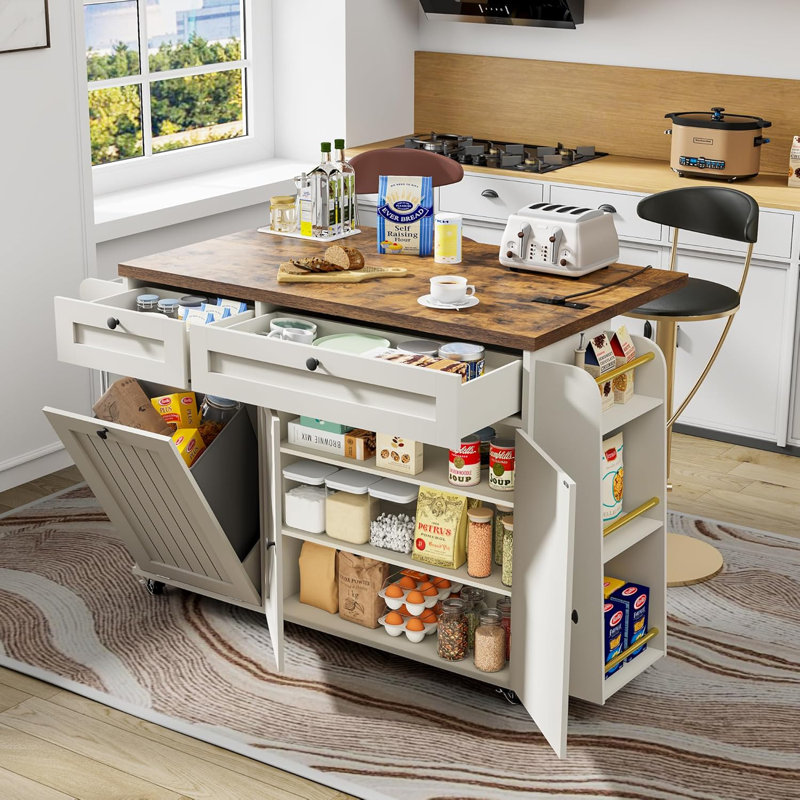 60.2" Rolling Kitchen Island with Power Outlets, Drop-Leaf Countertop, Spice & Towel Rack, Knife Holder, and Hidden Trash Storage Cabinet