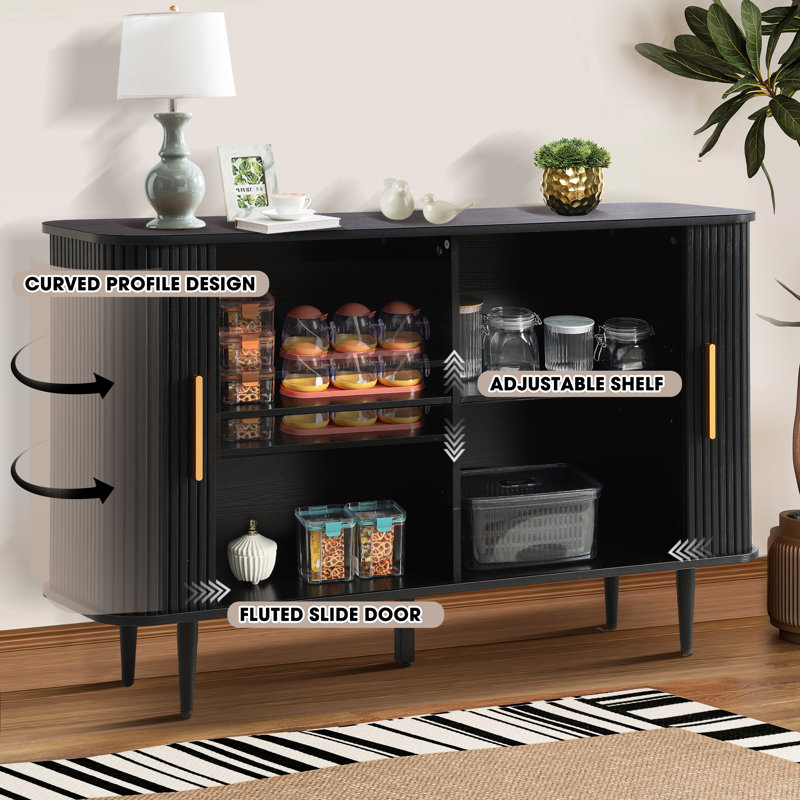 47" Sideboard Buffer Cabinet with Fluted Slide Doors, Tambour Storage Cabinet with Adjustable Shelves, Black