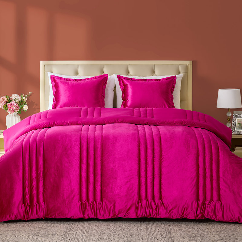 Luxury Velvet Bedding Comforter Sets 3 Pieces. Lightweight fluffy and soft velvet comforter set, HotPink, King
