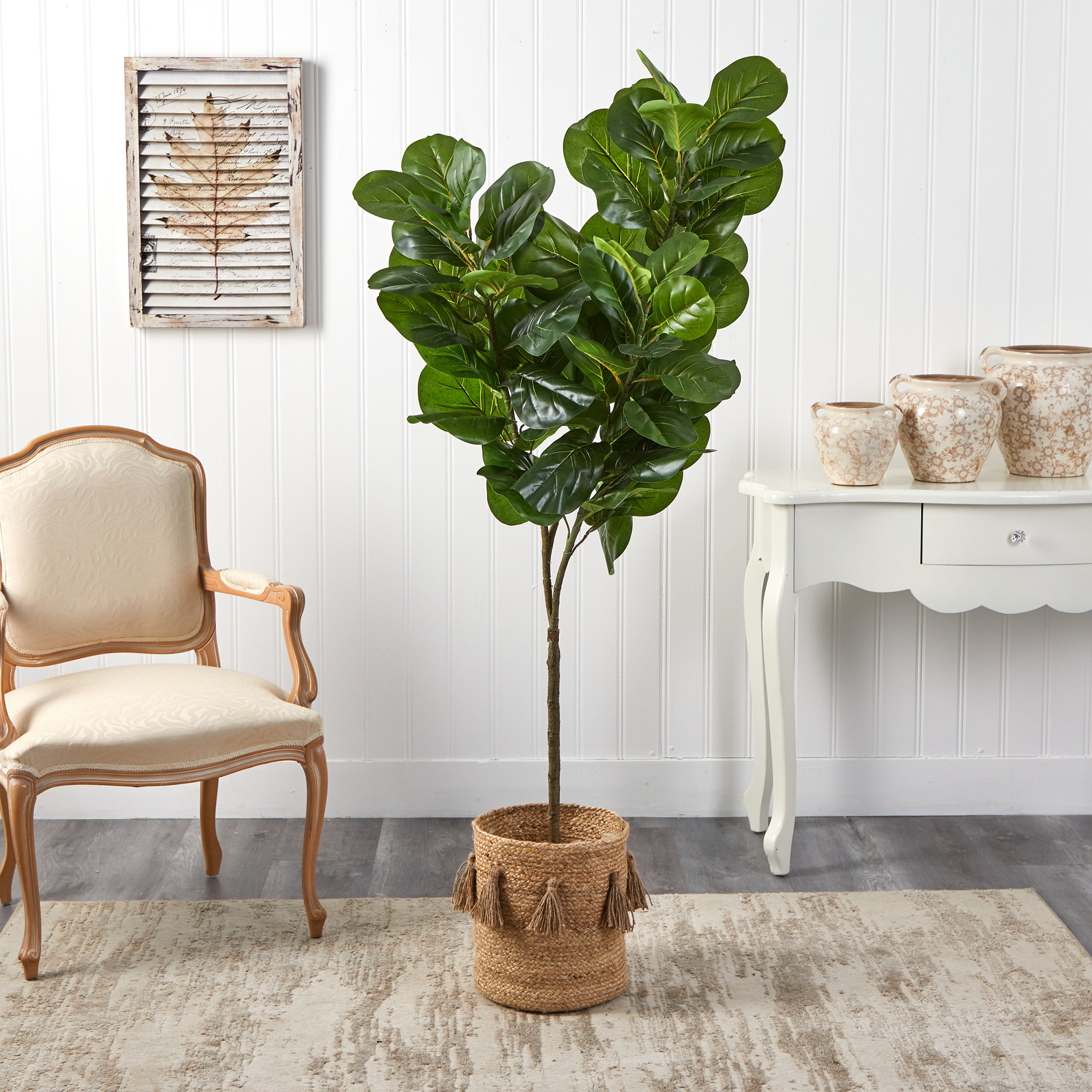 Primrue 72'' Faux Fiddle Leaf Fig Tree in Burlap, Cotton Basket