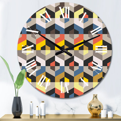 Jaune, bleu, orange et géométrie - Horloge murale à motifs