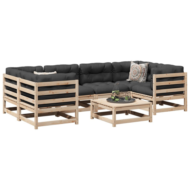  Ensemble de canapé de jardin modulaire en bois de pin massif naturel, Coussin gris foncé / structure naturelle