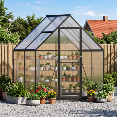 8X12 Ft Black Aluminum Frame Greenhouse, Polycarbonate Walk-In Garden Hot House With Double Sliding Doors & 2 Adjustable Roof Vents