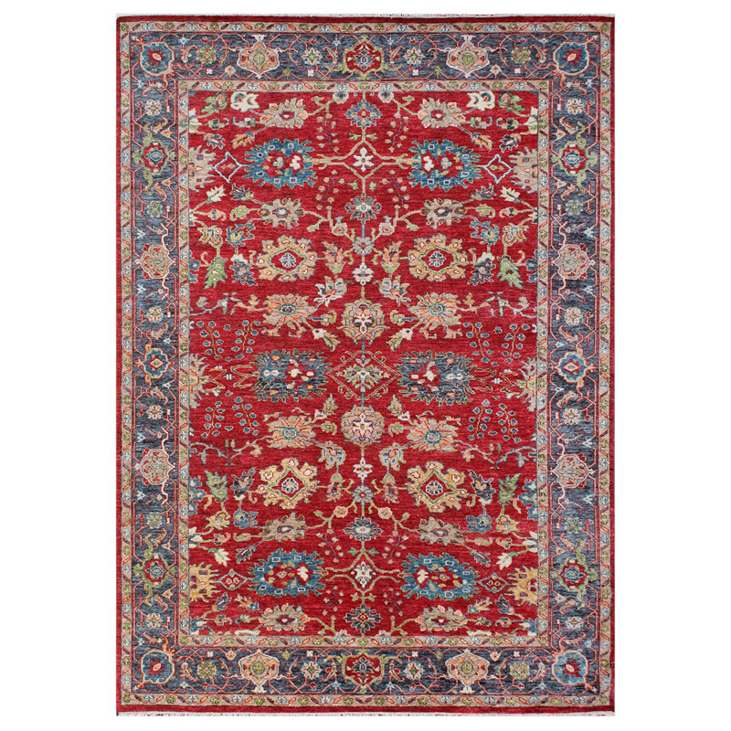 Tapis rouge / or / bleu marine de haute qualité noué à la main, Rectangle 9 pi x 12 pi