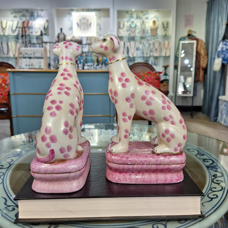 Porcelain Whippet Figurines – Teal Dots (Set of 2), Pink/White/Brown