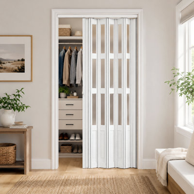 38" x 80" White Double-Layer 3-Lite Panel Insert PVC Interior Accordion Folding Door with Upgraded Rollers, Complete Hardware and Handles, Ideal for Closet and Bathroom Doorways