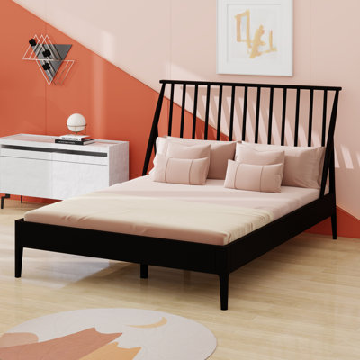 Grand lit plateforme en bois de bambou massif avec tête de lit, cadre de lit bohème avec lattes de bois et support en métal, style Mid-Century moderne