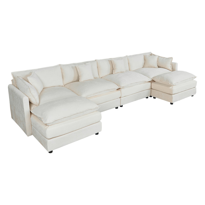 Modern Chenille Loveseat Sofa Couch With Ottoman, 33.85" H x 147.22" W x 35.82" D, Beige Chenille