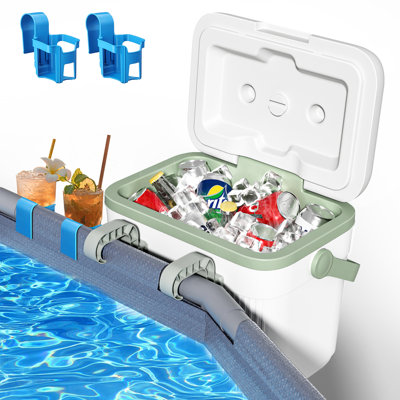 12 Quart Pool Cooler, Hard Cooler With Handle For Above-ground Pools, Insulated Ice Chest Keeps Ice For Up To 3 Days, Portable Poolside Cooler With Cup Holder Hanger Hook For Swimming Pool Chill Drink