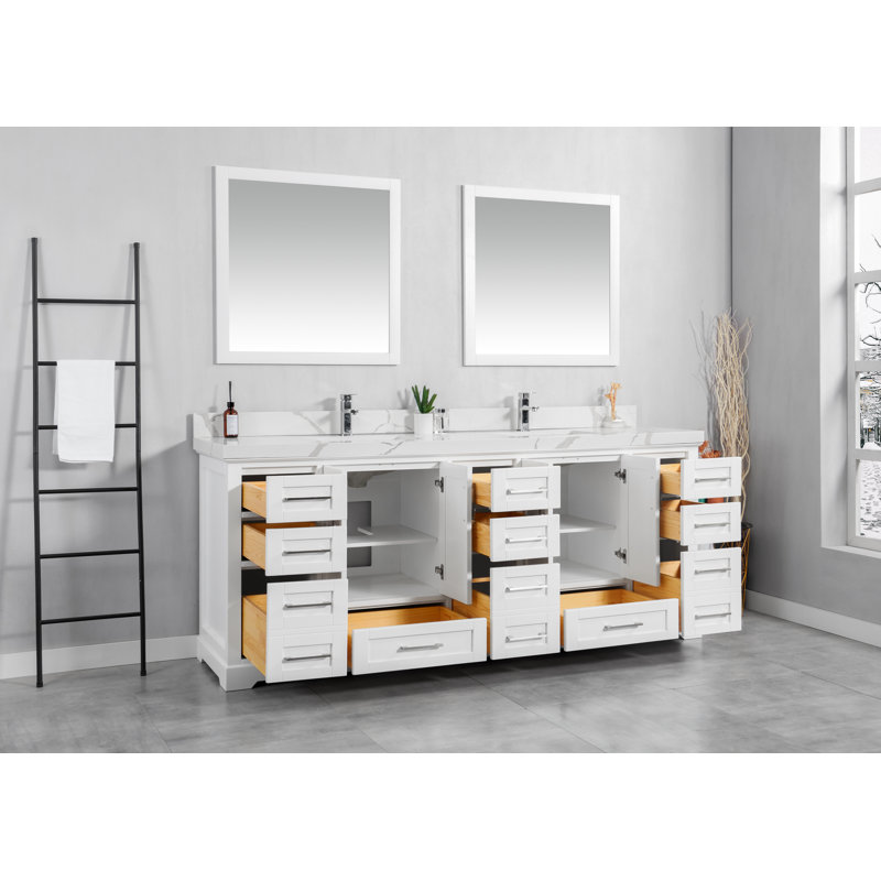 Eser 84'' Double Bathroom Vanity with Top, White, Pearl Light Gray Quartz