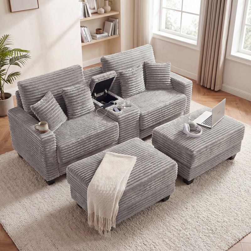 Upholstered Chaise Lounge Chairs Corduroy Double Chaise Sofa With Console USB Ports and 2 Cup Holders, Grey
