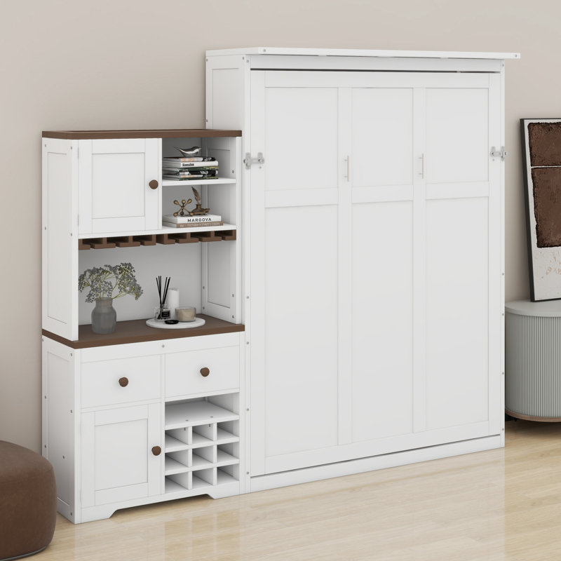 Lit escamotable avec armoire de rangement, support à vin, porte-verre, tiroirs et bande à DEL multicolore, Blanc