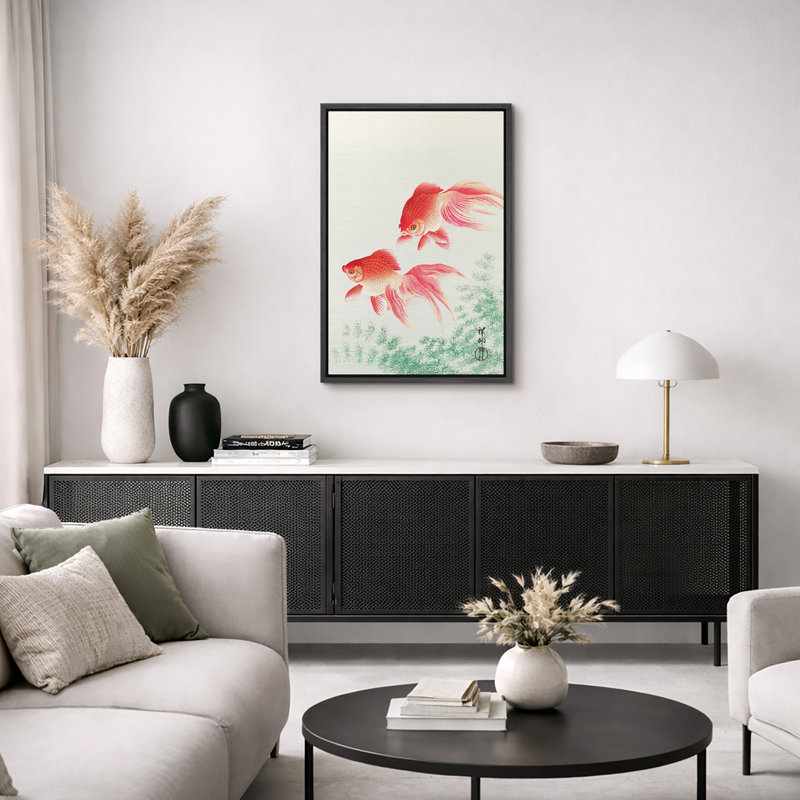 Œuvre rouge rouge, nage, poisson japonais, impression sur toile encadrée, H 36 po x l 24 po x 1,5 po, Cadre flottant noir