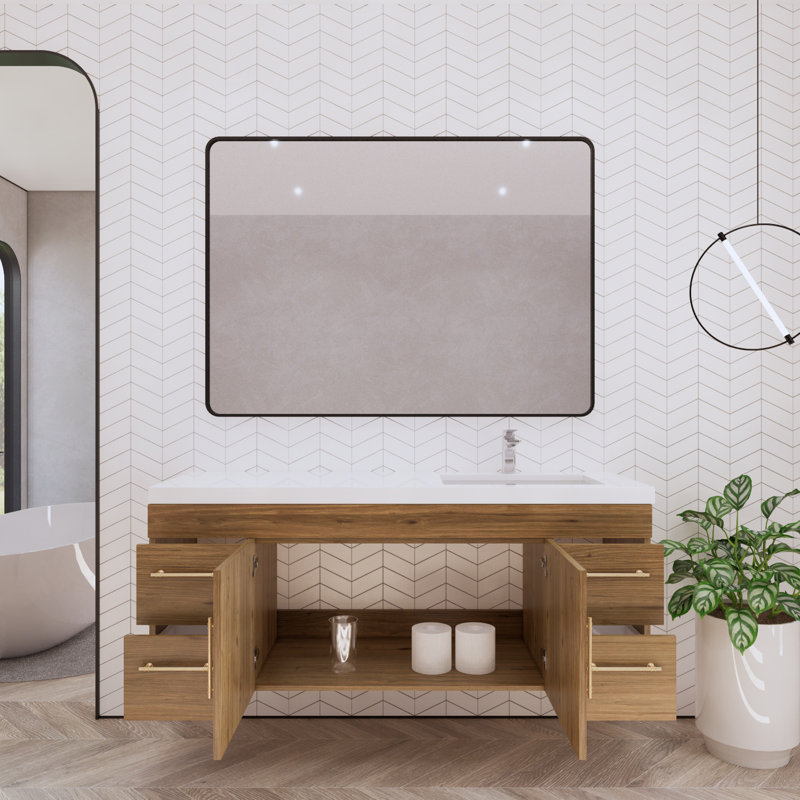 59.06" Wall-Mounted Single Bathroom Vanity Set, Natural Oak