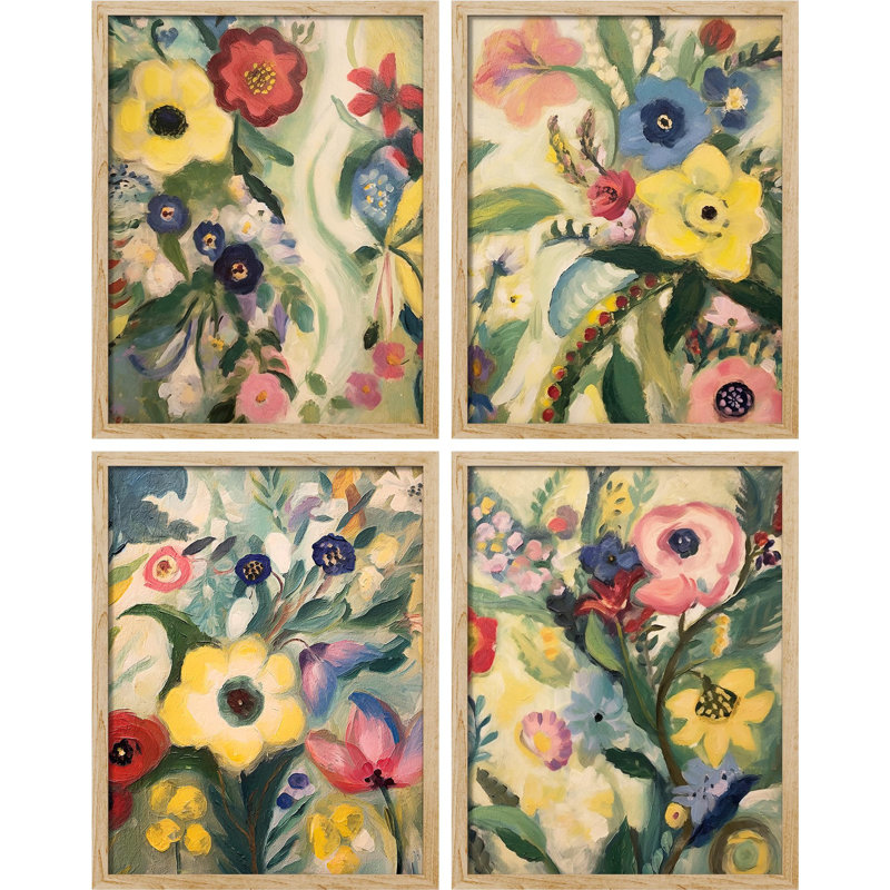 «Vibrant Impressionist Flower», impression florale colorée sur papier, 4 pièces, Naturel, H 14 po x l 11 po