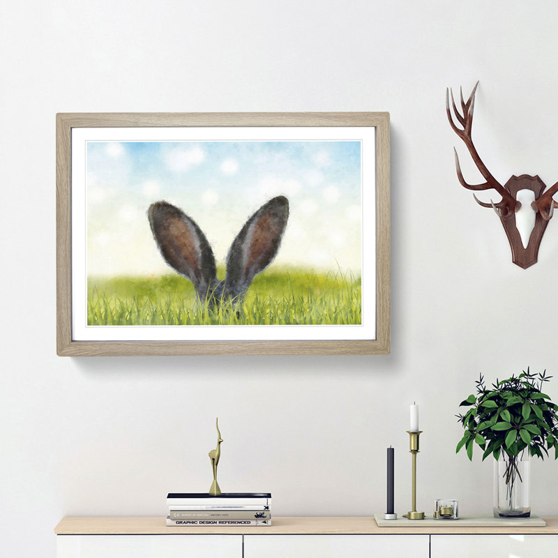 Ears of a Hare in the Grass - Picture Frame Graphic Art Print, Oak Framed, 62cm H x 87cm W x 2cm D
