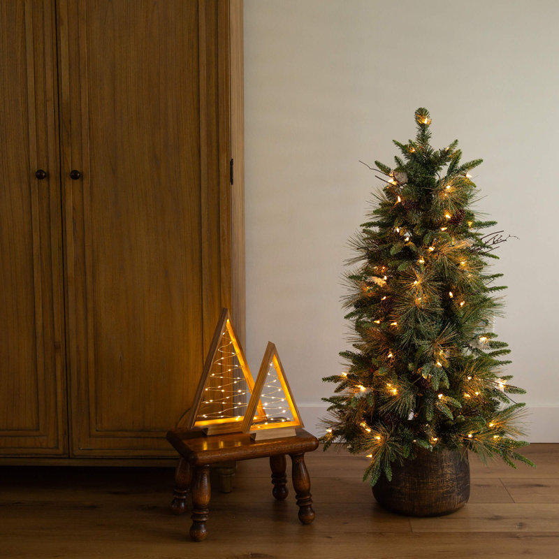 4Ft. Pre-Lit Artificial Mixed Pine Snowed Christmas Tree With Pinecones In Decorative Planter With 60 Warm White LED Lights