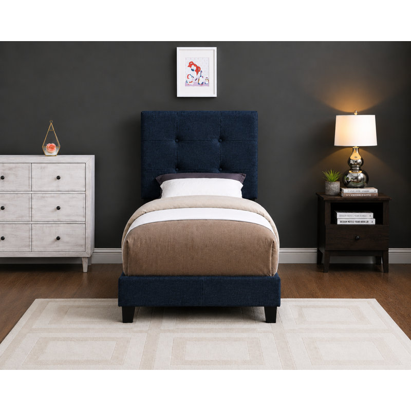Lit rembourré ajustable avec tête de lit capitonnée, cadre de lit moderne en lin et similicuir, bleu, 1 place, Simple, Bleu