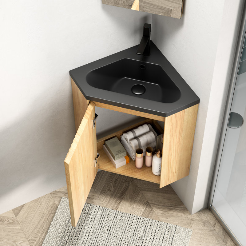 Meuble-lavabo de salle de bain de 76 cm (30 po), triangulaire, suspendu au mur, avec lavabo intégré en résine noire et contreplaqué naturel, idéal pour les petites salles de bain. Meuble-lavabo en contreplaqué, coins renforcés.