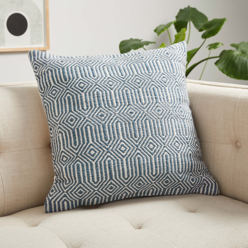 Blue and Ivory Embroidered Square 22" Polyester Pillow