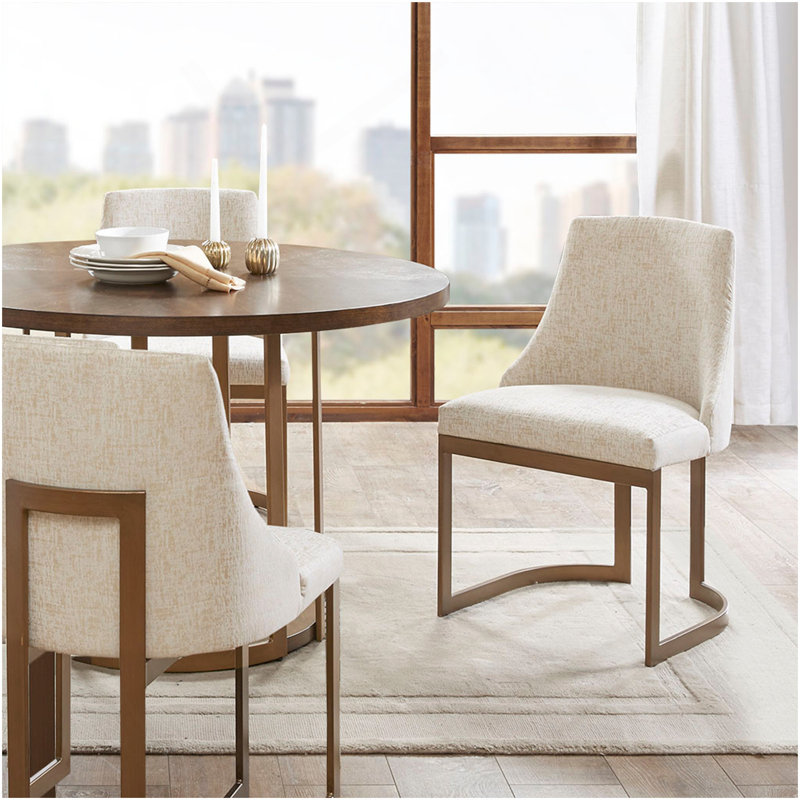 Chaises de salle à manger décoratives 21 ", dossier en métal doré antique et pieds de style traîneau de style contemporain pour cuisine, blanc, ensemble de 2