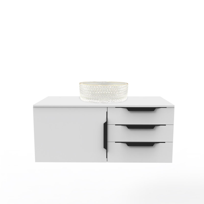 Ensemble de meuble-lavabo simple flottant 36 po avec lavabo vasque en verre trempé rose Wildsee, Blanc