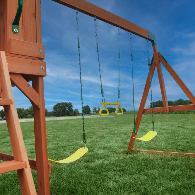 Backyard Discovery Atlantis Cedar Wood Swing Set with Wave Slide, Clubhouse, Rock Wall, and Sandbox Area
