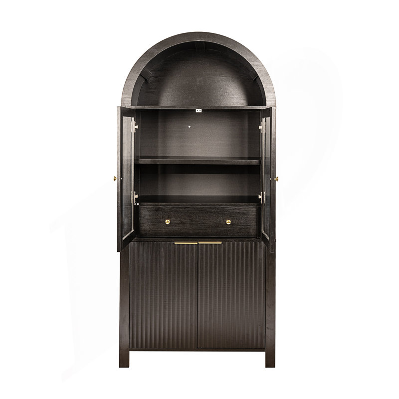 Grand garde-manger arqué cannelé avec tablettes réglables, rangement élégant avec tiroir caché et porte en verre, Noir