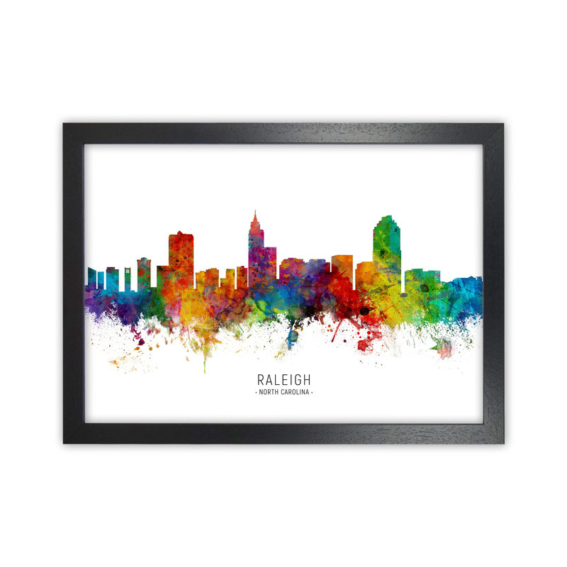 Raleigh North Carolina Skyline by Michael Tompsett - Print, 64cm H x 88cm W x 3cm D, Black Framed