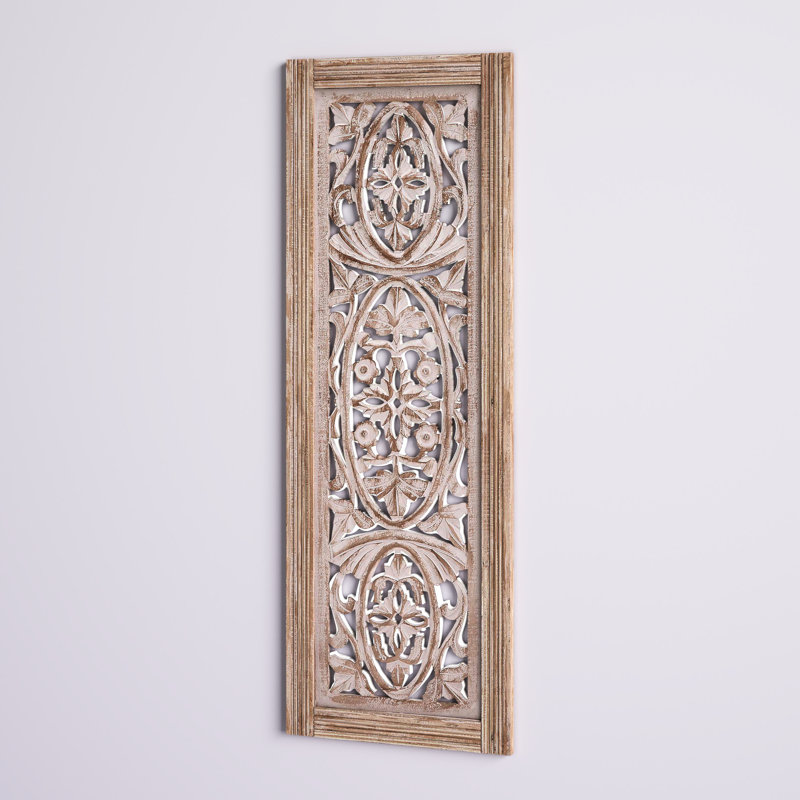 Rectangular Mango Wood Wall Panel Hand Crafted With Intricate Carving, White and Brown