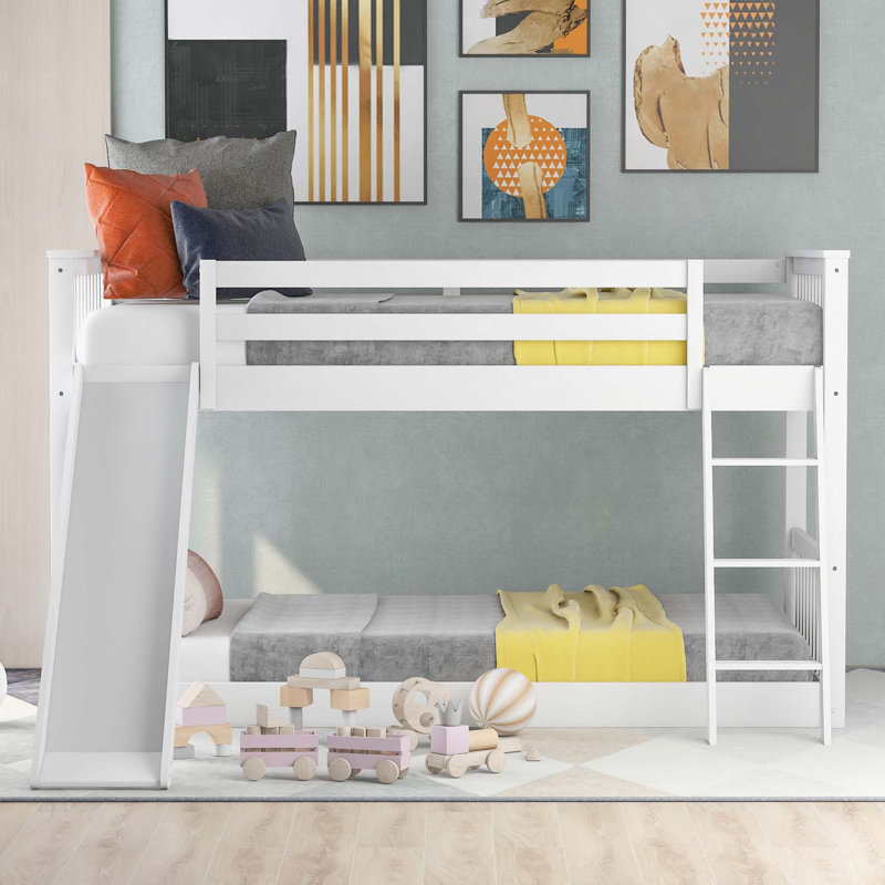 Lit superposé simple au-dessus de simple avec glissière convertible et échelle, Simple sur simple, Blanc