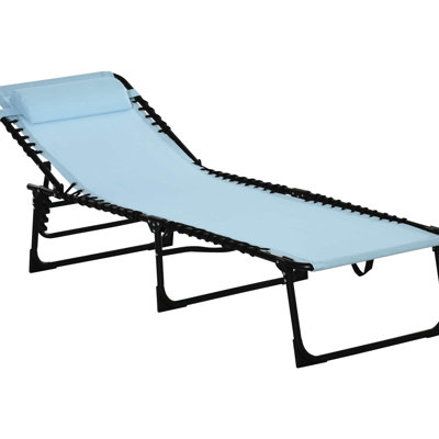 Folding Poolside Tanning Chair - Lounge With 4 Recline, Breathable Mesh, Bungee Seat, Pillow, Blue, 29.25" Length Beach Reclining By Tilt, Mesh & Blue Gleam