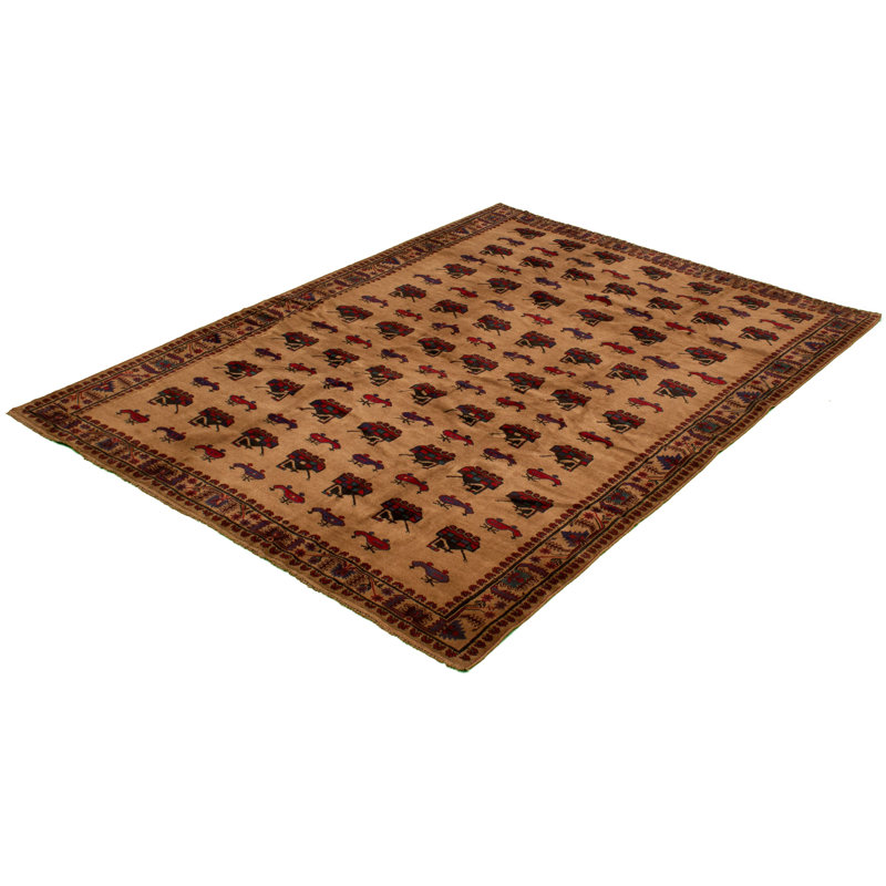 Tapis décoratif beige en laine noué à la main de conception unique 6 pi 7 po X 9 pi 1 po noué à la main New Age