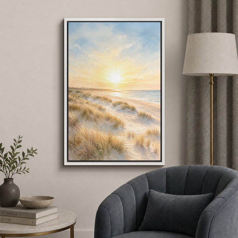 «Sunrise Over Peaceful Coastal Sand Dunes», reproduction d'art sur toile encadrée, impression sur toile, Cadre blanc