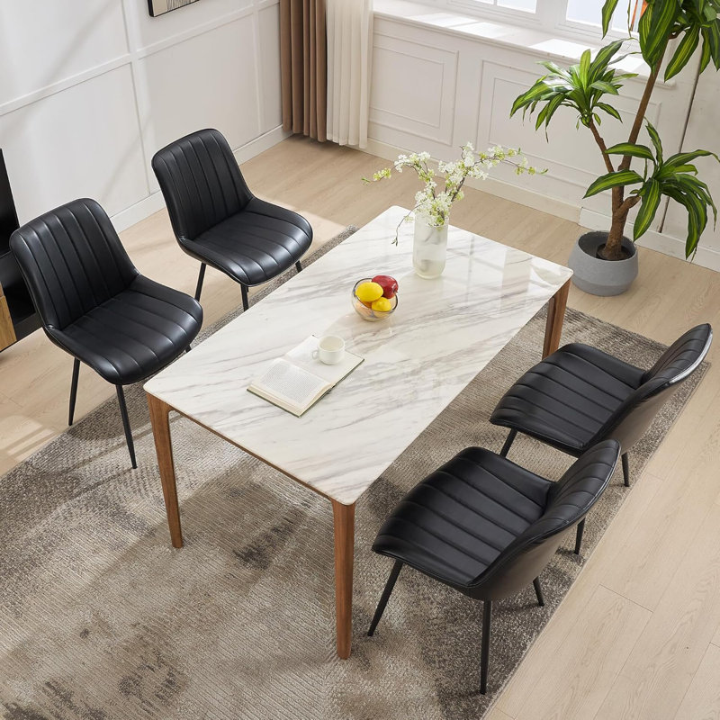 Dining Chairs (Set Of 2), Upholstered Side Chair With Faux Leather, Metal Legs, Black