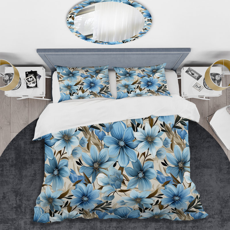 Blue Coastal Harmony Floral Pattern I Polyester Box Stitch Floral Duvet Cover Set, King Duvet Cover + 2 King Shams