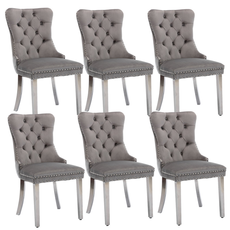 Gray Velvet Tufted Upholstered Side Chair with Silver Metal Legs, Set of 6