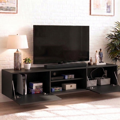 Waco 70'' Floating TV Media Console 2-Doors, Modern Wall-Mounted Wooden TV Stand Black