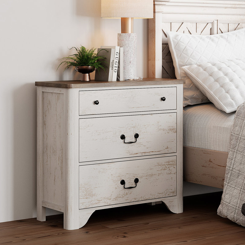 Commode 31,5 po Haikey pour chambre d'enfant, commode 3 tiroirs pour chambre à coucher, Blanc / brun
