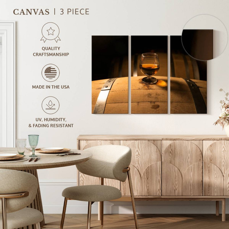 «Whiskey Glass On Barrel» sur toile, H 24 po x l 38 po x P 1,25 po